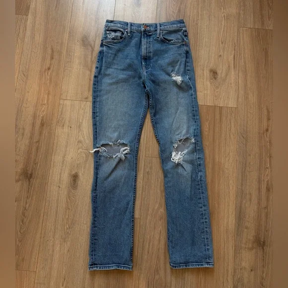 MOTHER Distressed Blue Straight Leg Jeans - Picture 3 of 8